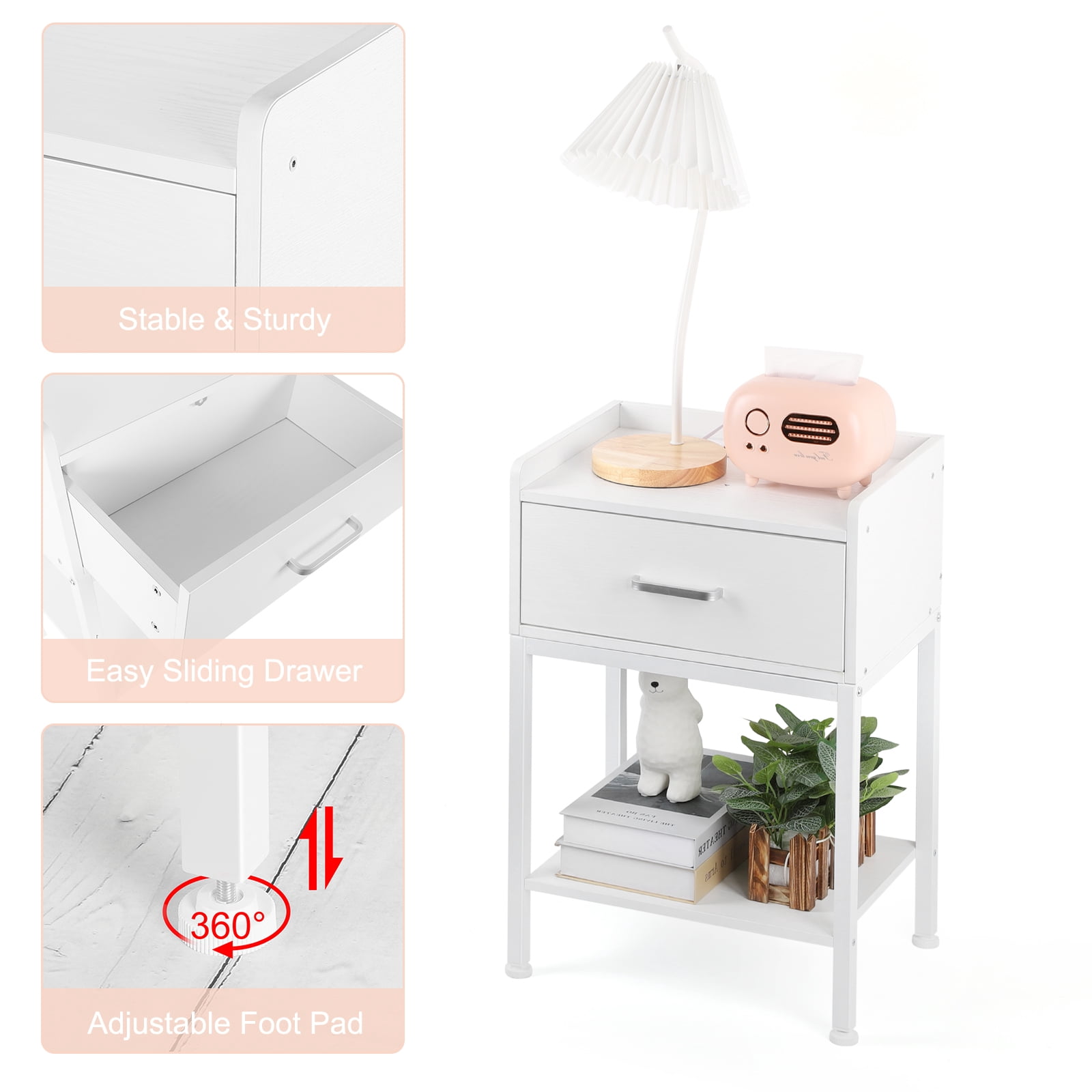 WHITE Bedside Table with Charging Station 2 Tier Side Table With Drawers and Storage Shelves Small Bedside Table Suitable for bedrooms, living rooms