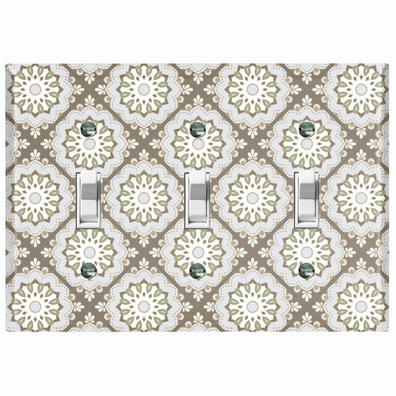 Metal Light Switch Plate Cover Mandala Green Tan Floral Pattern Damask MDL108