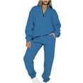 thumbnail image 2 of Elainilye Fashion Tracksuit Sets Womens 2 Piece Sweatsuit Solid Color Zippered Lapel Sweatshirt Top and Pants Sport Set,Blue, 2 of 6