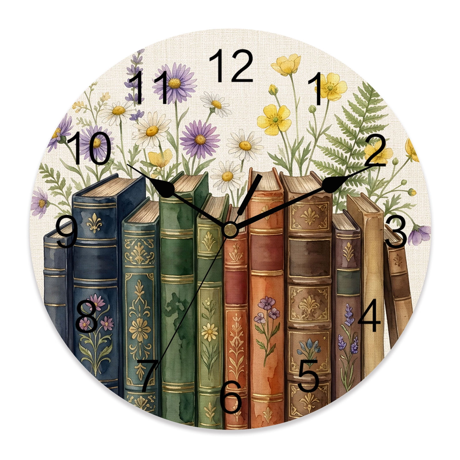 Wall Clock 12 Inch Classic Retro Books Round Silent Decorative Wall Clocks Battery Operated for Living Room Bedroom Kitchen Classroom Decor, Country Flowers Bouquet Beige