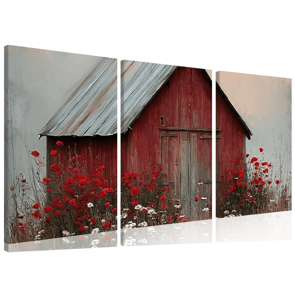 Rustic Farmhouse Red Barn Wildflowers 3 Piece Canvas Wall Art, Vintage Living Room Bedroom Decor, Summer Gift, Canvas Print, 12x16 Inch