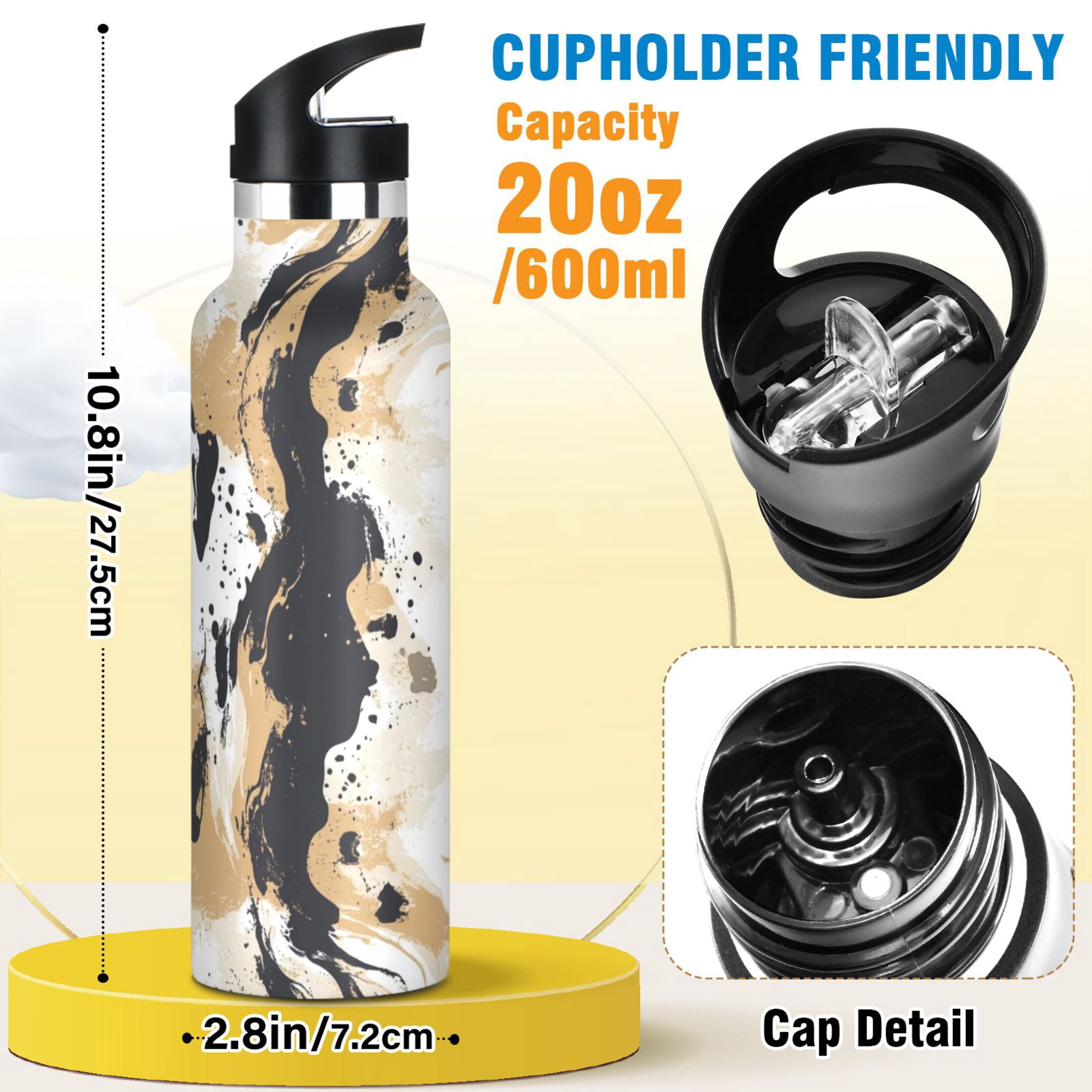 Kids Insulated Stainless Steel Sports Water Bottle 600ml (20oz) Brown and Black Pattern