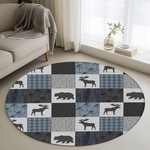 Blue Cabin Check Round Rug 3ft Washable Circle Entryway Rugs Non Slip Rustic Bear Elk Farmhouse Buffalo Plaid Area Rug Indoor Floor Carpet for Bedroom Kitchen Living Room Office Dining Room Nursery