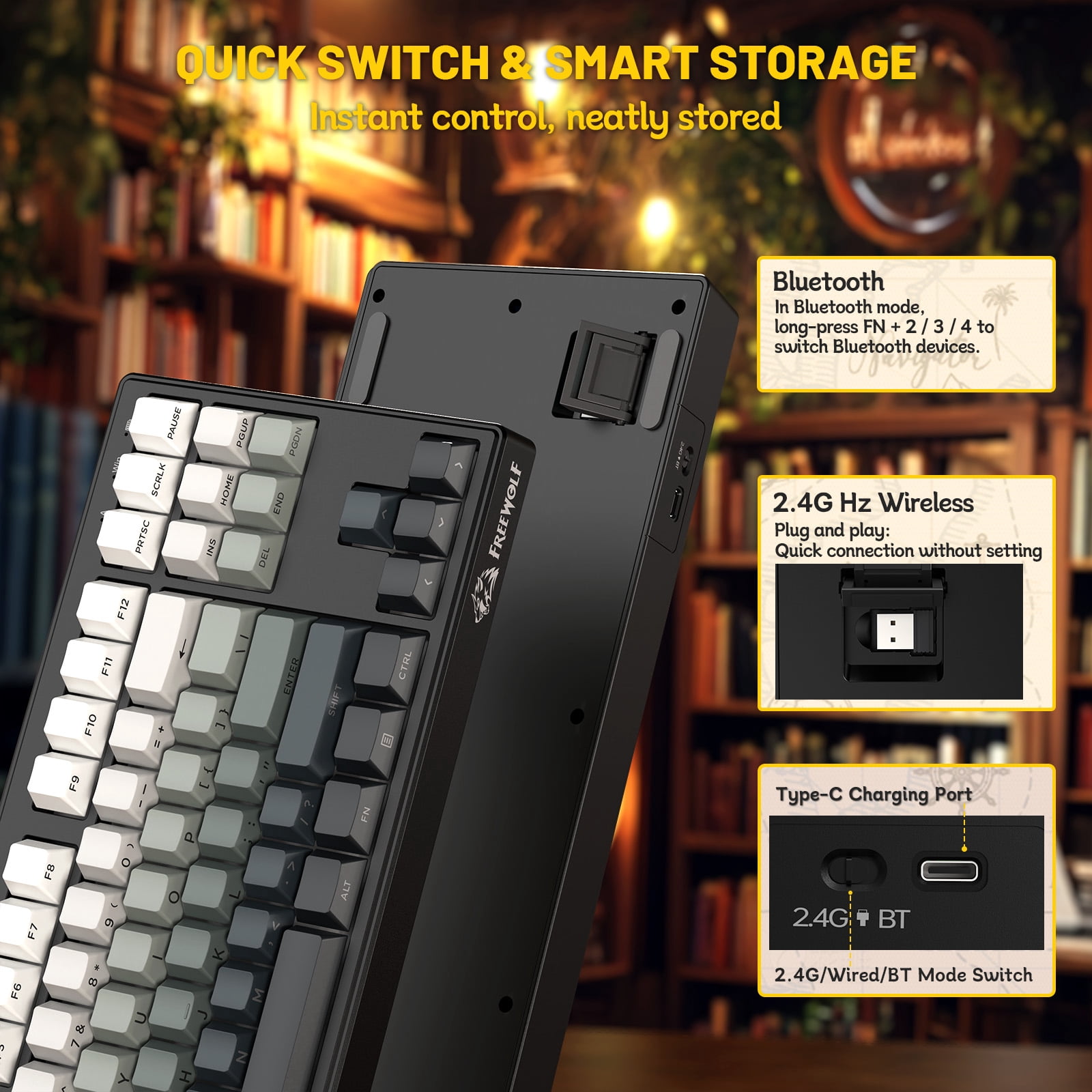 ZIYOU LANG M87V2 Wireless Keyboard, 80% TKL Creamy Keyboard, Low Profile Quiet Typing, Side-Printed PBT Keycaps, RGB Backlit, Gray