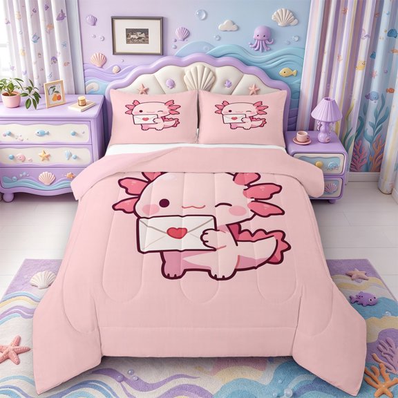 Manfei Cute Axolotl Full Size Comforter Sets,Kawaii Animals Pattern Bedding Comforter Set,Pink Reversible,3-Piece,1 Comforter and 2 Pillowcases