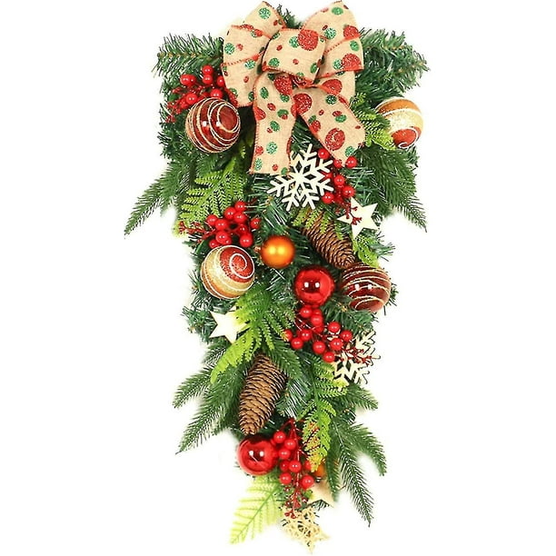 Decoración navideña para colgar en la pared, colgante de árbol al revés, corona navideña en forma de lágrima con lazo, pino verde, adorno navideño colgante para puerta principal