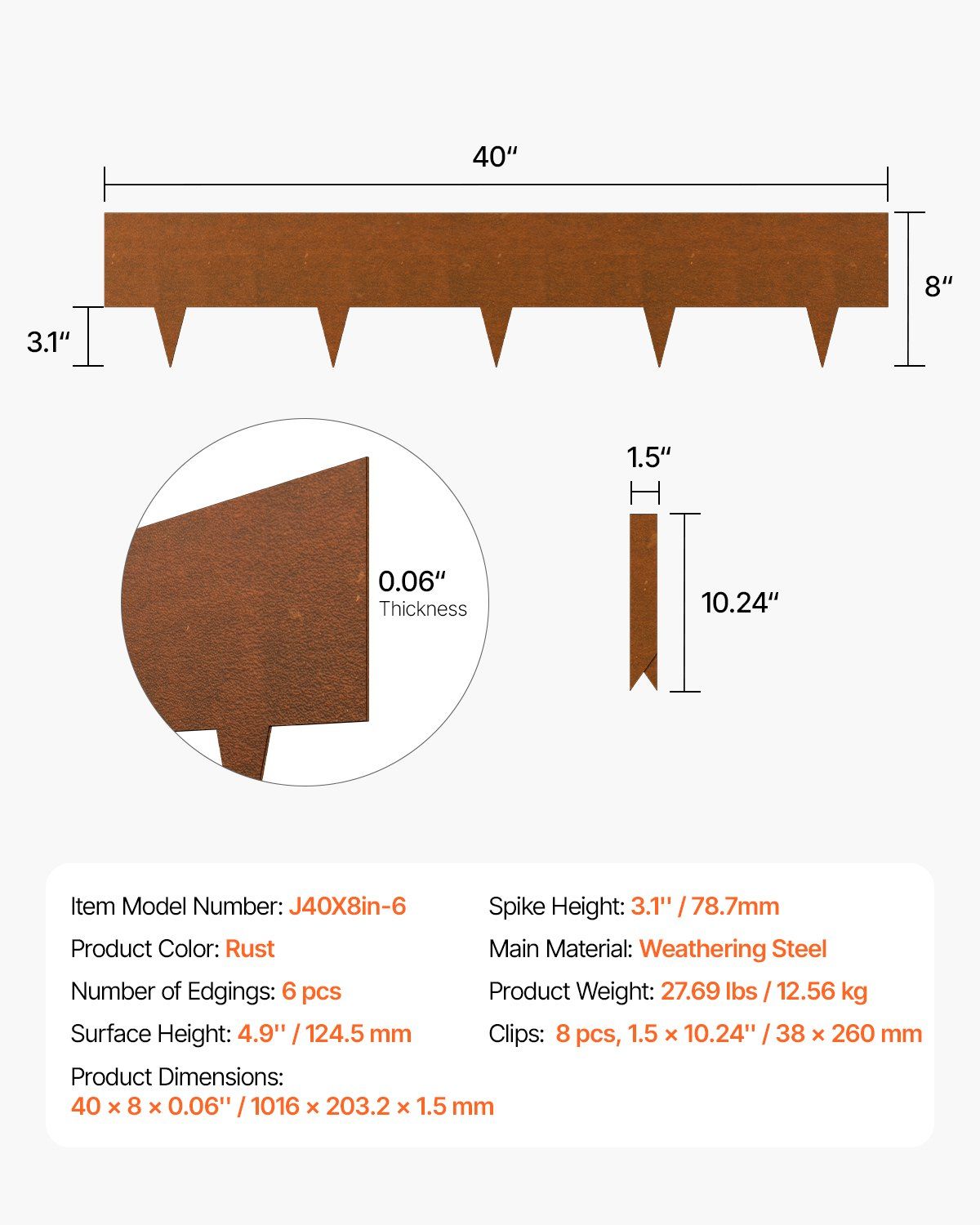 Weather-Resistant Steel Landscape Edging 6 Pack, 40x8 in Metal Lawn Edging Border with Pre-Rusted Finish, Flexible Bendable Design, Easy Installation for Garden, Walkway, and Flower Bed