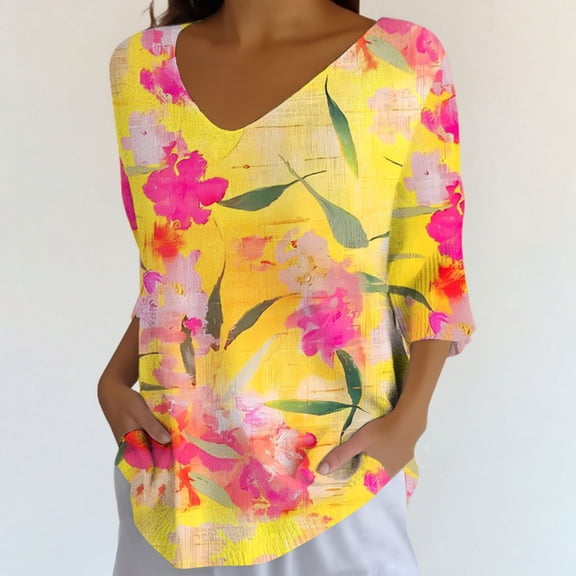 Endives Women's Elegant Shirts 3/4 Length Sleeve Casual Loose with Round Neck Shirts Womens Tops 2025