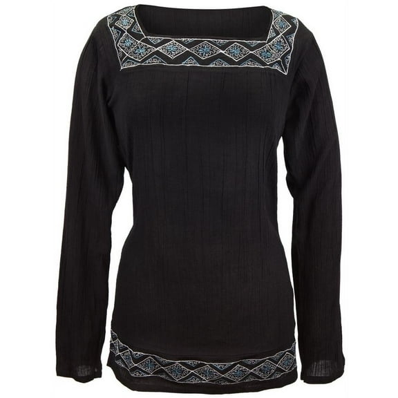 Blue & White Embriodery - Black Blouse - Small