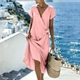 thumbnail image 7 of Women's Solid Color Wrap V Neck Midi Dress Short Sleeve Tie Waist Casual Vacation Dress with Pockets Pink L(L), 7 of 7
