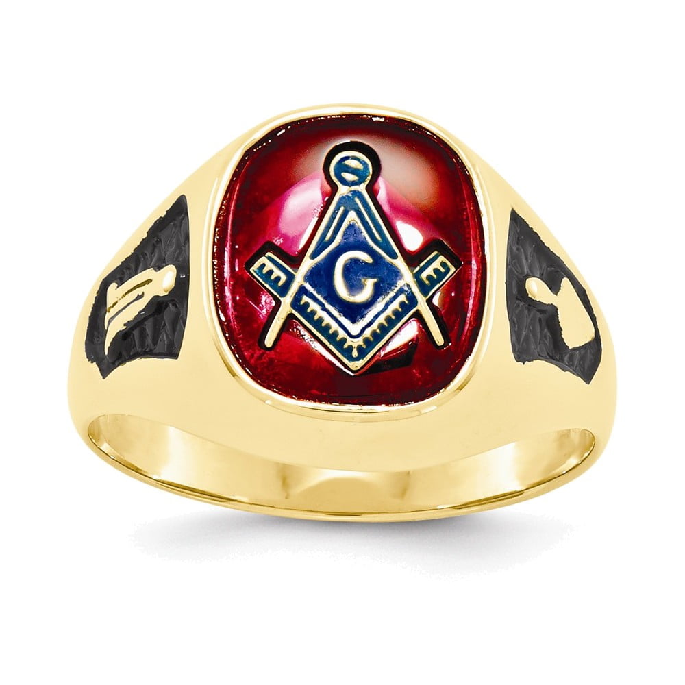 14k Men's Synthetic Ruby Masonic Ring by