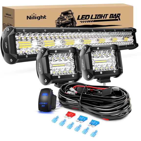 Nilight 20 Inch 420W Triple Row Spot Flood Combo 2 PCS 4 inch 60W Led Pods Flood Boat Lights Driving Fog Lights Work Light for Trucks with 16AWG Off Road Wiring Harness- 3 Leads