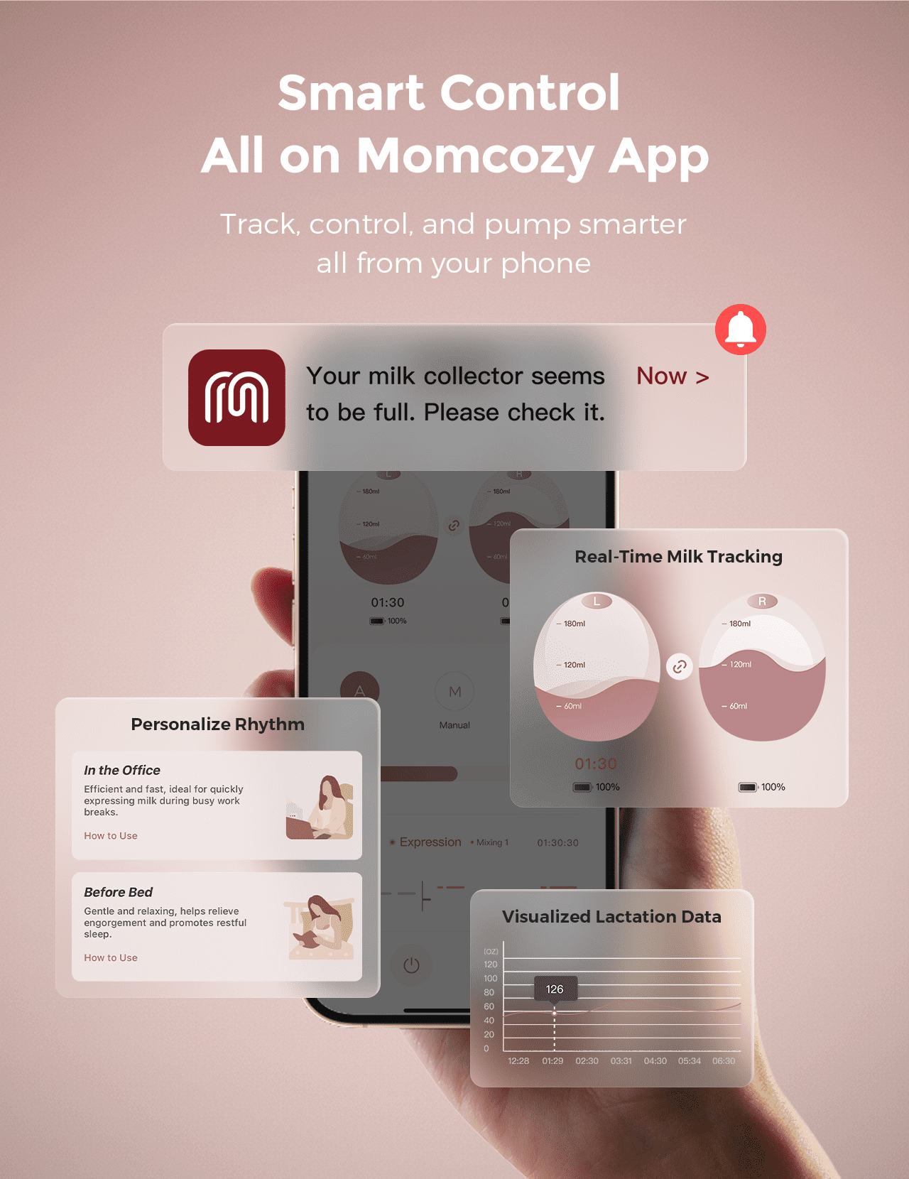 Momcozy Air 1 Hands-Free Wearable Breast Pump with Wireless Charging Case, App Control, Auto Mode, Full-Milk Alert & Transparent Top for Easy Nipple Alignment, Ultra-Slim Portable Design