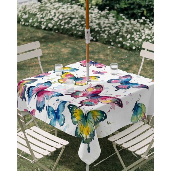 Outdoor Tablecloth with Umbrella Hole, Watercolor Butterfly Zippered Table Cloth for Rectangle Tables, Spring Colorful Butterflies Washable Waterproof Tablecloths for Picnic Patio Garden