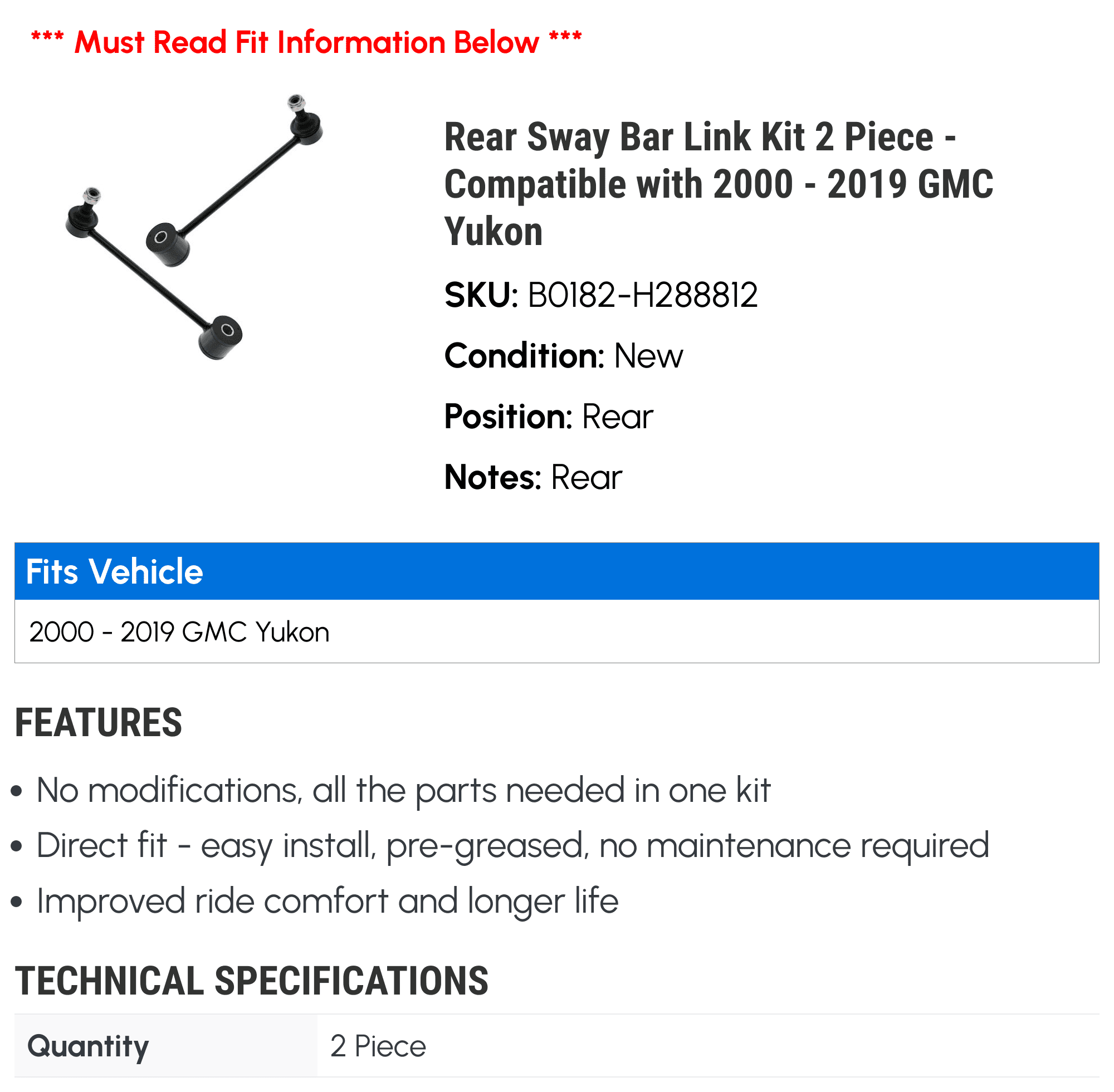 Rear Sway Bar Link Kit 2 Piece - Compatible with 2000 - 2019 GMC Yukon 2001 2002 2003 2004 2005 2006 2007 2008 2009 2010 2011 2012 2013 2014 2015 2016 2017 2018