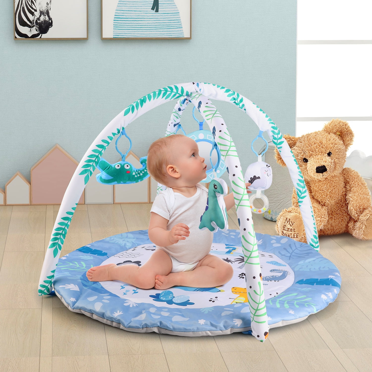 Freecat Dinosaur Baby Play Mat with Hanging Dinosaur Toys, 0-12 Months Baby Play Gym Activity Mat.