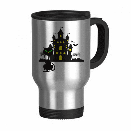 

Halloween Horrible Gloomy Castle Cat Travel Mug Flip Lid Stainless Steel Cup Car Tumbler Thermos