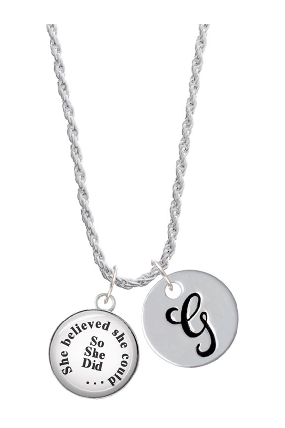 Silvertone Domed She Believed She Could So She Did Silvertone Script Initial Disc - G - Charm Necklace, 20"+3"