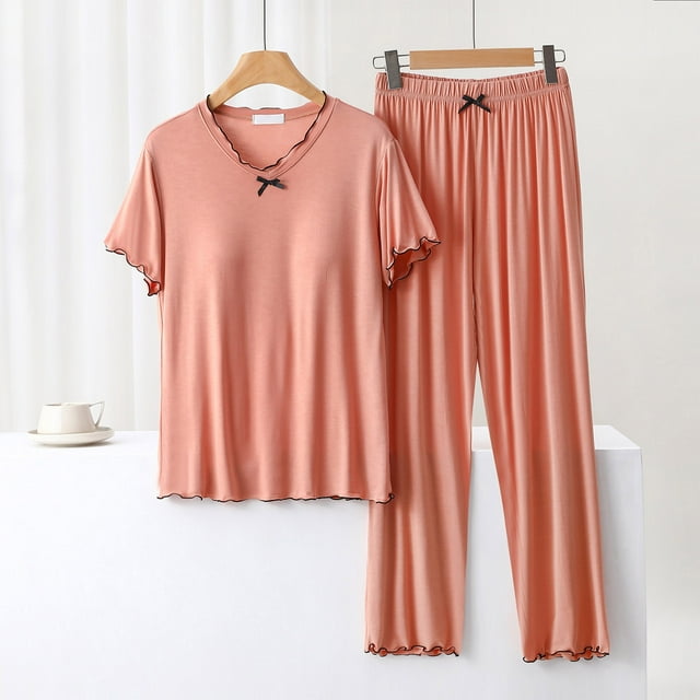 Liquidation & Promo, Blouse Femme Unie Décontractée Mode Col Rond Manches Courtes Ensembles de Vêtements de Nuit, Coton Doux, Vêtements de Maison Confortables, Vêtements de Nuit, Ensemble de Vêtements de Nuit Confortables et Respirants