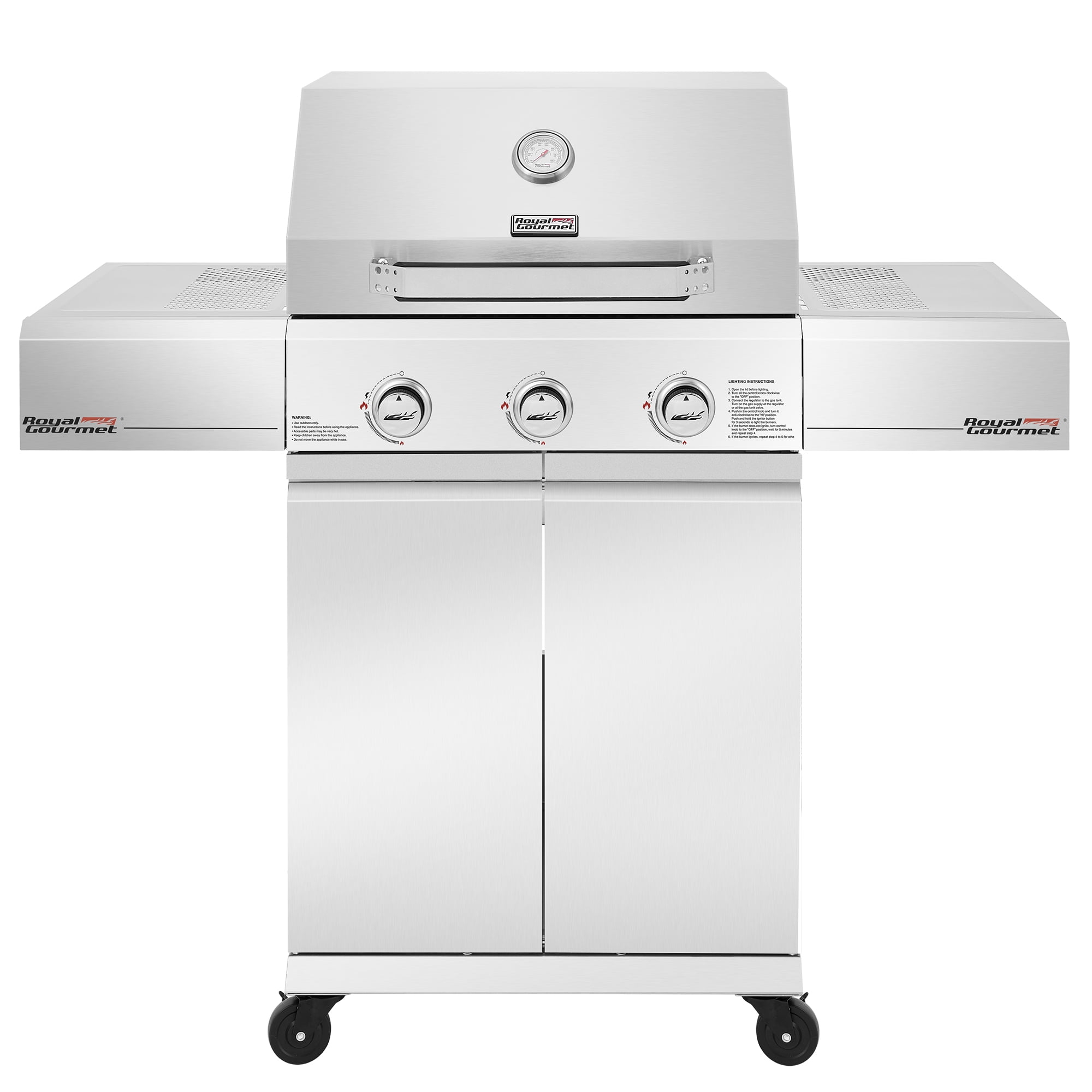 Royal Gourmet SG3002S Premium Stainless Steel 3-Burner Gas Grill, Cabinet Style Grill with Side Shelves, Silver