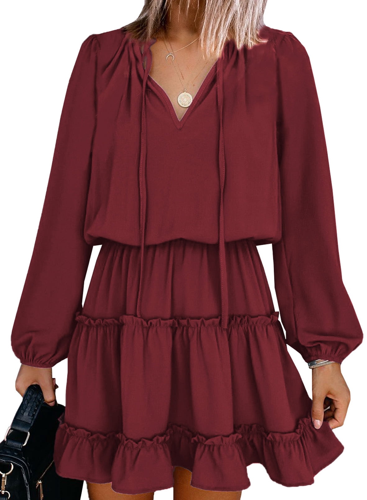 Dokotoo Women's Red Long Sleeve Ruffle 