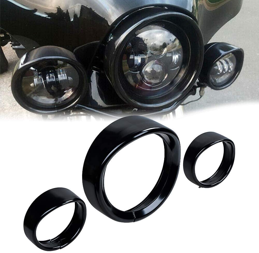 Visor Style 7" Headlamp + 4.5" Passing Light Trim Rings Fit Harley FL
