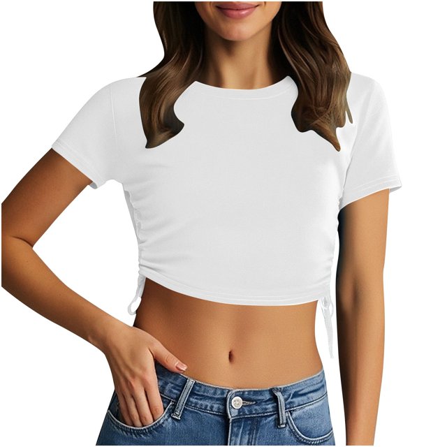 Camiseta de Manga Corta de las Mujeres Cuello Redondo Duro Dibujo Cuerda Color Sólido Casual, Top Ligero para el Día Y el Trabajo