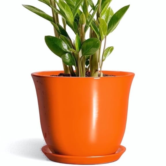 Ordivic 10 inch Orange Glazed Large Decorative Ceramic Flower Pot with Drainage Hole & Saucer | Floor Planter for Housewarming or Birthday Gift