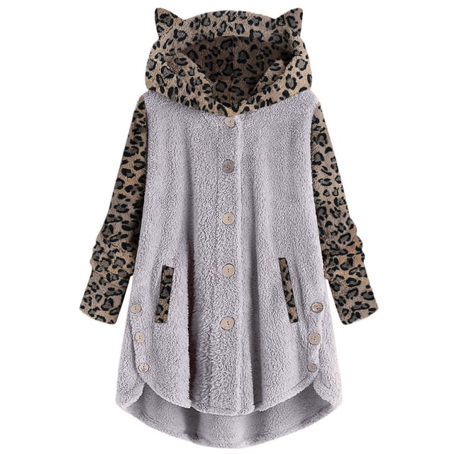 Ropa Kawaii para mujer, Sudadera con capucha de estilo lindo, chaqueta con orejas de gato, manga larga abotonada, retales con estampado de leopardo, estampado de leopardo