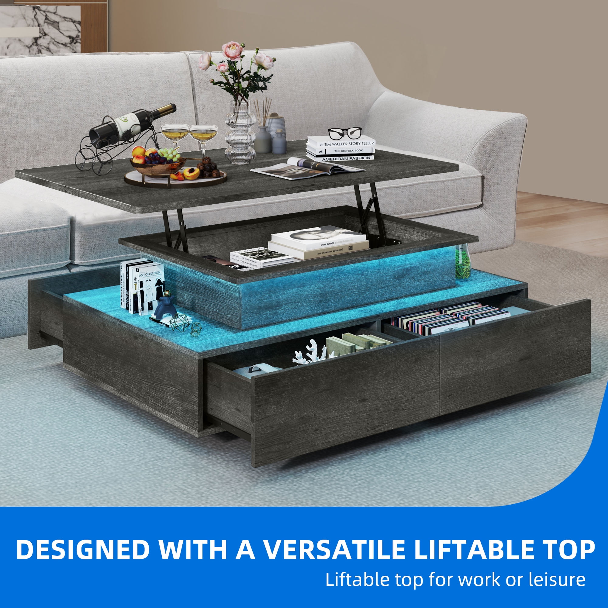 Uforic Lift Top LED Coffee Table, Smart Center Table with 4 Drawers, Gray