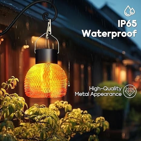Solar Lights Outdoor Garden Hanging, IP65 Waterproof Iron Solar Lanterns Solar Garden Lights with  Realistic 3D Flickering Flame- for Patio Yard  Parties - 4 Pack