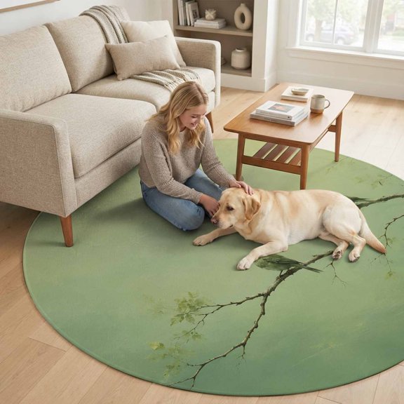 Two Songbirds 7FT Round Area Rugs for Living Room Spring Green Birds Tree Branch Rustic Misty Ultra-Thin Non-Slip Round Rugs Washable Low Pile Circle Carpet for Bedroom Kitchen Nursery