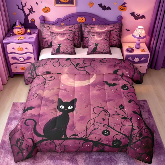 Homewish Halloween Black Cat 7 Pieces Full Size Bedding Sets,Spooky Vine Print Full Size Bed in a Bag,Magenta Black,Pink Reversible