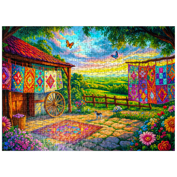 MyPuzzle - Colorful Quilts In A Countryside Setting - Premium 500 Piece Jigsaw Puzzle for Adults