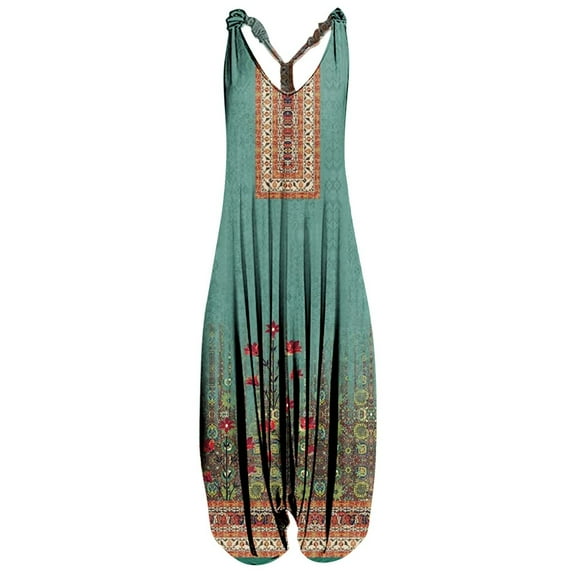 Wycnly Rompers for Women Summer Beach Boho Loose Vintage Floral Strap Baggy Maxi Jumpsuits V-Neck Sleeveless Formal Ethnic Style Print Long Womens Jumpsuits on