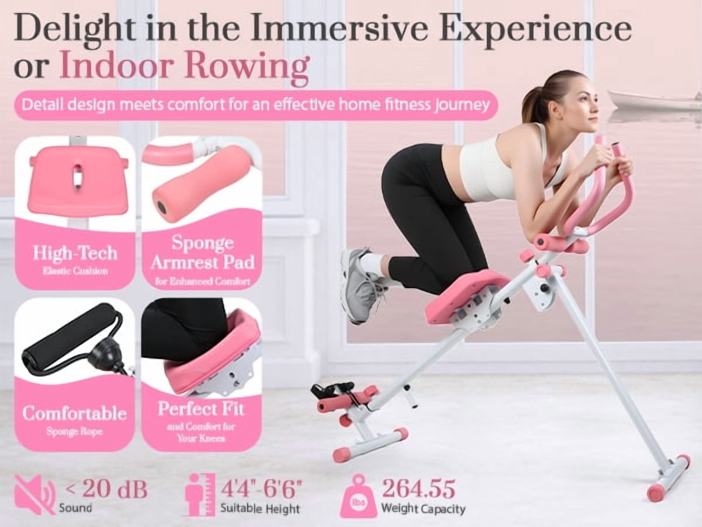 Korogimeeet 4-in-1 Rowing Machine, Ab Glider Roman Chair Leg Press, 120kg Bearing Capacity, Comfortable 3D Seat, Smooth Quiet Slide Rail, 53 x 14 x 13 Inch