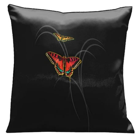 Lama Kasso 16 Beautiful Red and Orange Butterflies Against a Solid Black Background 18 in. Square Satin Pillow