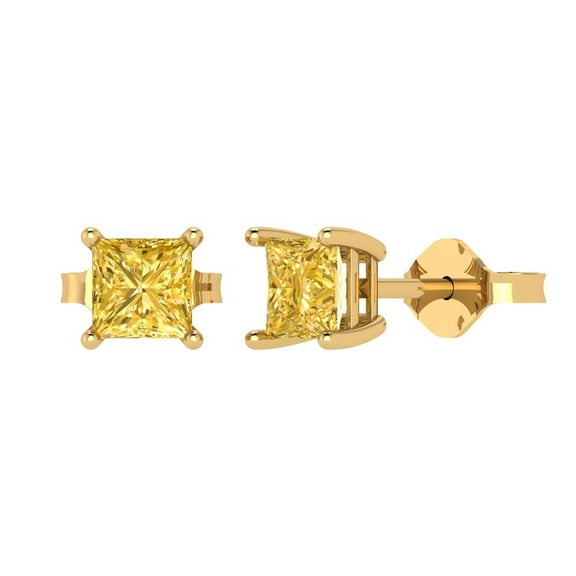 2 ct Push-Back Stud Earrings for Women | 5.5mm Princess Cut Simulated Yellow Diamond | 18K Yellow Gold