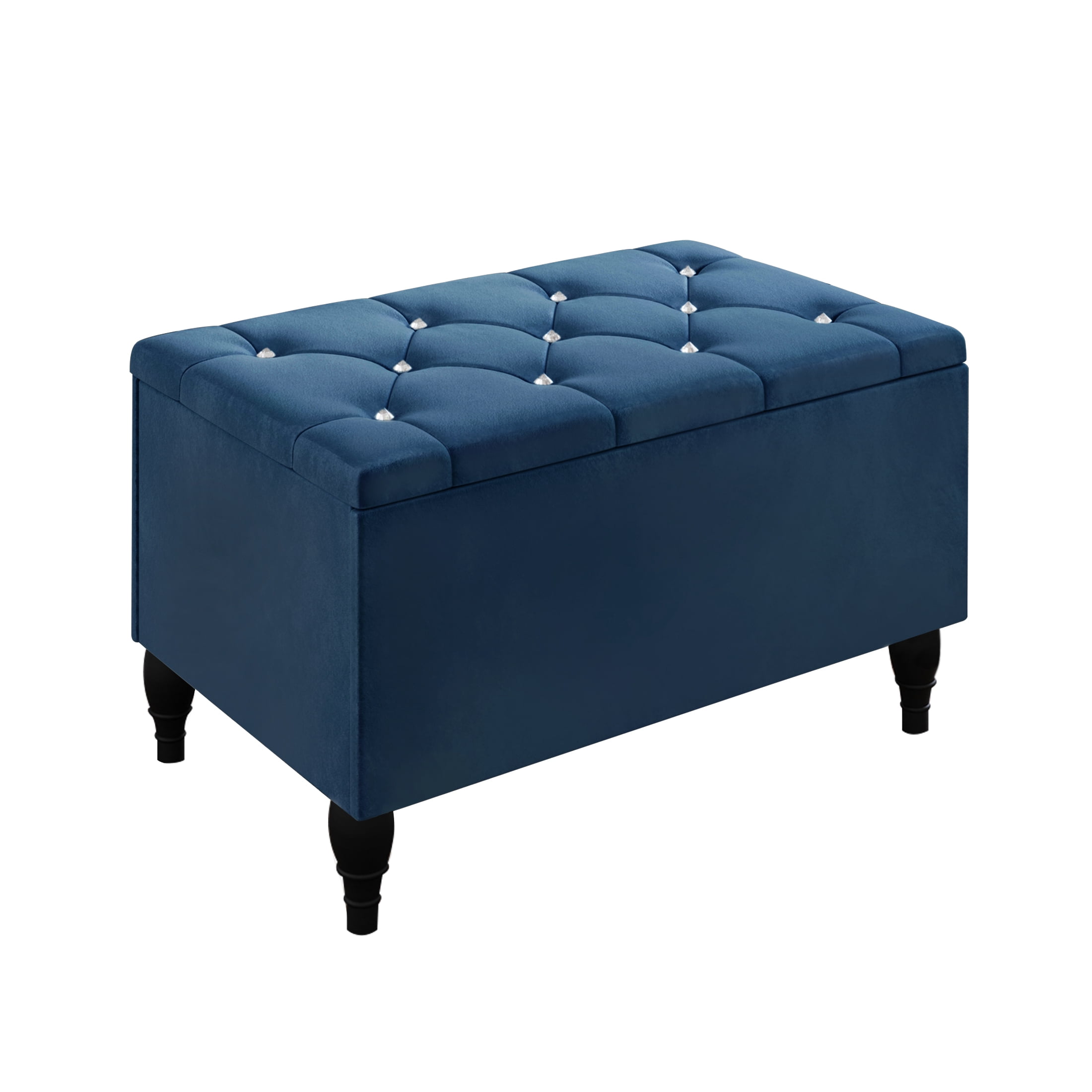 Castle Place Button Tufted Wingback Velvet Upholstered Bed with Storage Bench, Navy Blue, Full
