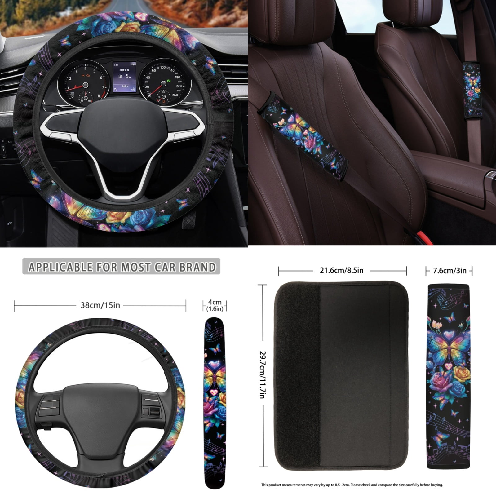 Yuyamidu Colorful Car Seat Cover Full Set of 15 Butterfly Rose Auto Carpet Mats Steering Wheel Cover Seat Belt Covers Car Handbrake Cover Set Coasters