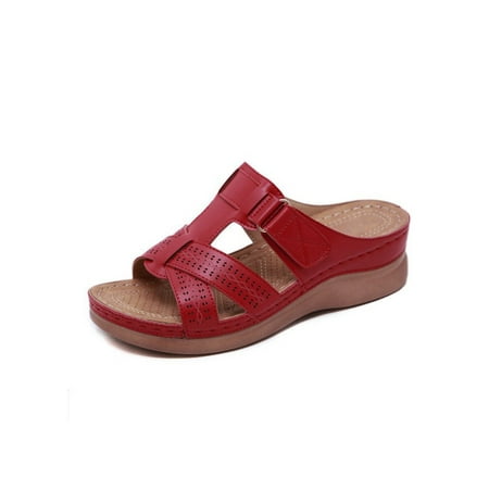 

Woobling Ladies Wedge Sandals Beach Slides Summer Orthotic Sandal Womens Slide Slippers Comfort Casual Shoes Platform Peep Toe Red 5.5