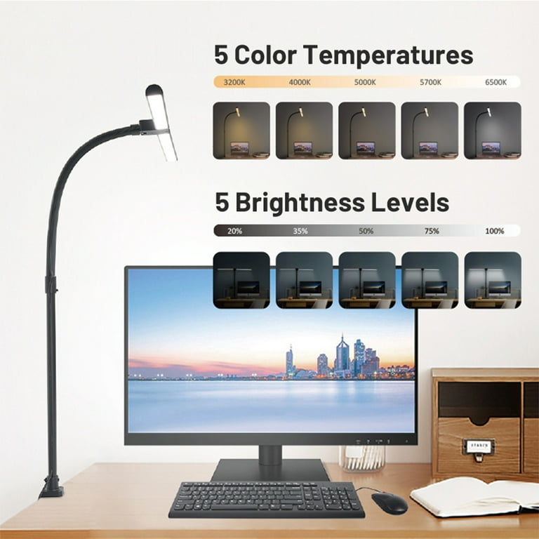 LED Desk Lamp Double Head ,24W Architect Table Lamps for Home, 5 Colors Eye  Protection, Black 