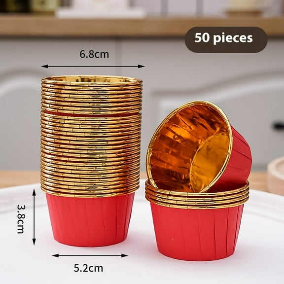 50 Pack Cupcake Cups Bulk Disposable Muffin Liners Wrappers for Baking Paper Mini Metallic Disposable Holiday Party Wedding Festival Supply(Red Gold)