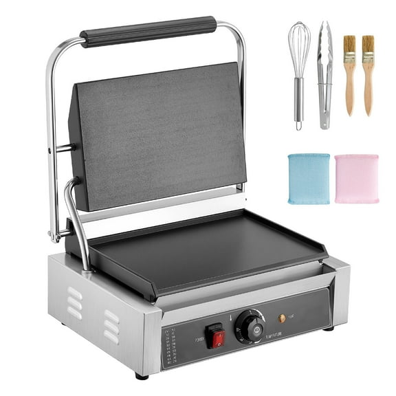 KFFKFF Commercial Panini Grill, 1800W Electric Sandwich Maker, Stainless Steel Press Grill with Handle and Temperature Control, 13.5x9.3 in Flat Enamel Plate, Ideal for Burgers, Steaks, and Bacon