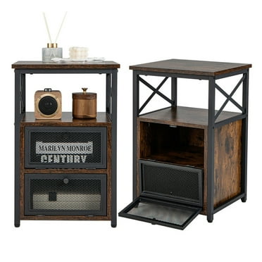 Yardi Yard Set of 2 Modern Nightstand with 2 Flip Drawers and Open Shelf-Rustic Brown, Side Table, Chairside Table Narrow End Table for Bedroom Living Room Kitchen