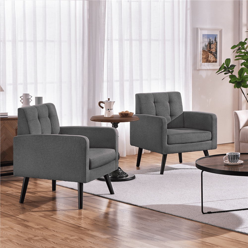 Alden Design Mid Century Modern Tufted Accent Chair with Rubberwood Legs, Set of 2, Dark Gray