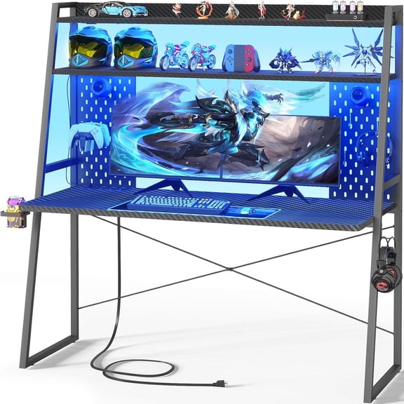 Gaming Desk with Hutch and LED Lights, Gaming Computer Desk with Power Outlets, Gamer Desk with Storage Shelves, PC Desks with Pegboards, for Bedroom, Carbon Fiber Black, 49"