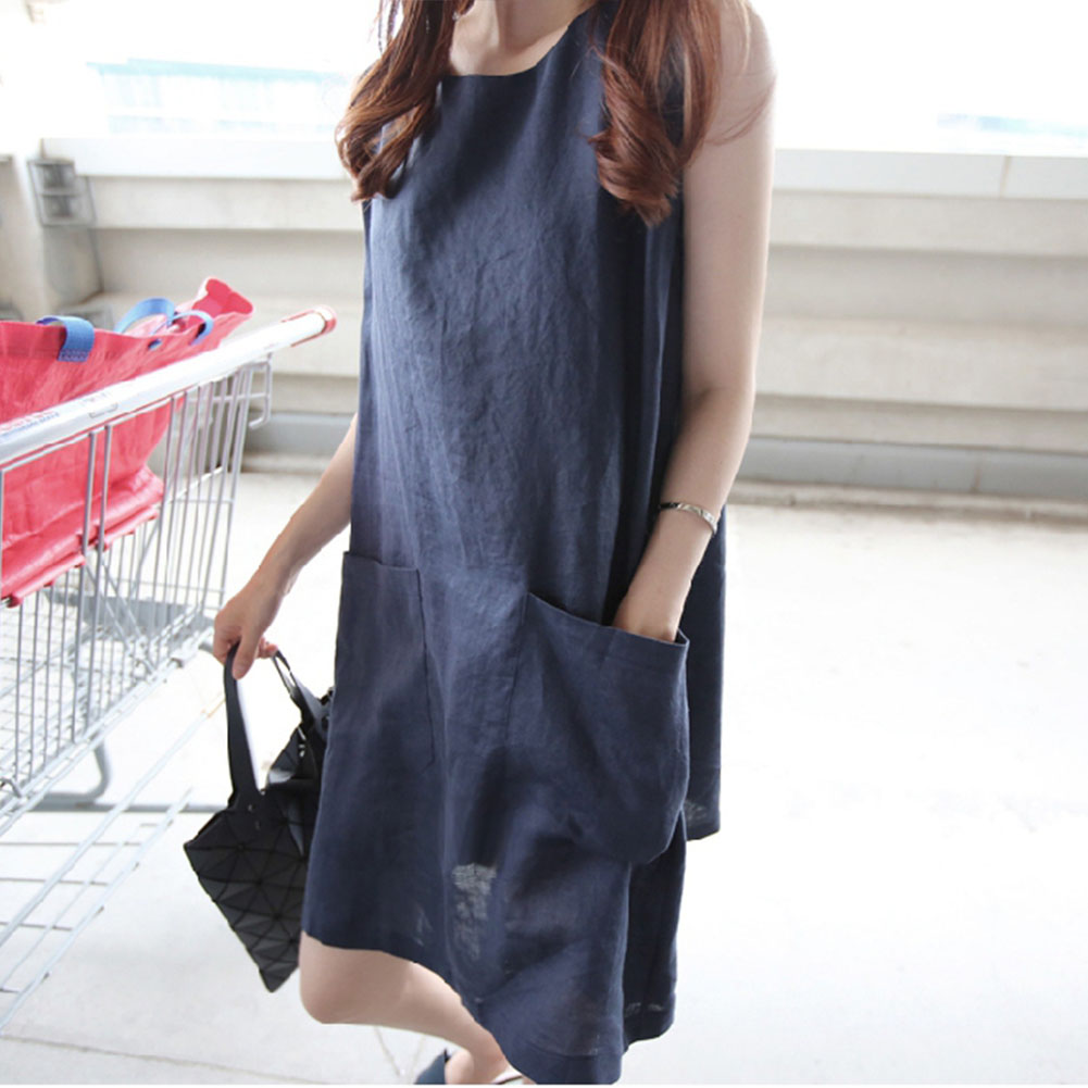Women Cotton Linen Tunic Dress Casual 