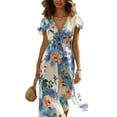 thumbnail image 2 of Dolkfu Retro Women'S Fall&Winter Dresses Mid-Length V-Neck 1/4sleeve Blue Faux-Wrap Dresses Chiffon Printed Regular Flowers Classic Dresses Blue,L, 2 of 6