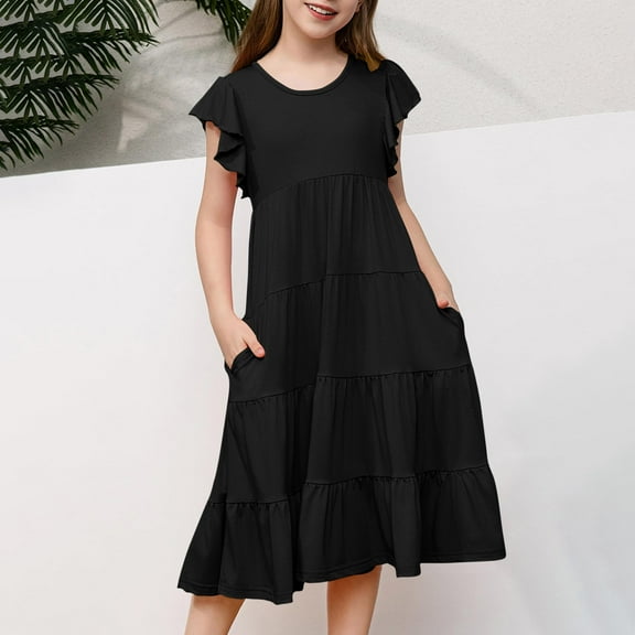 vokkrv Girl's Dresses Cotton Ruffle Sleeve Tiered Swing A-Line Cute Midi Casual Sundress Black 5-6 Years